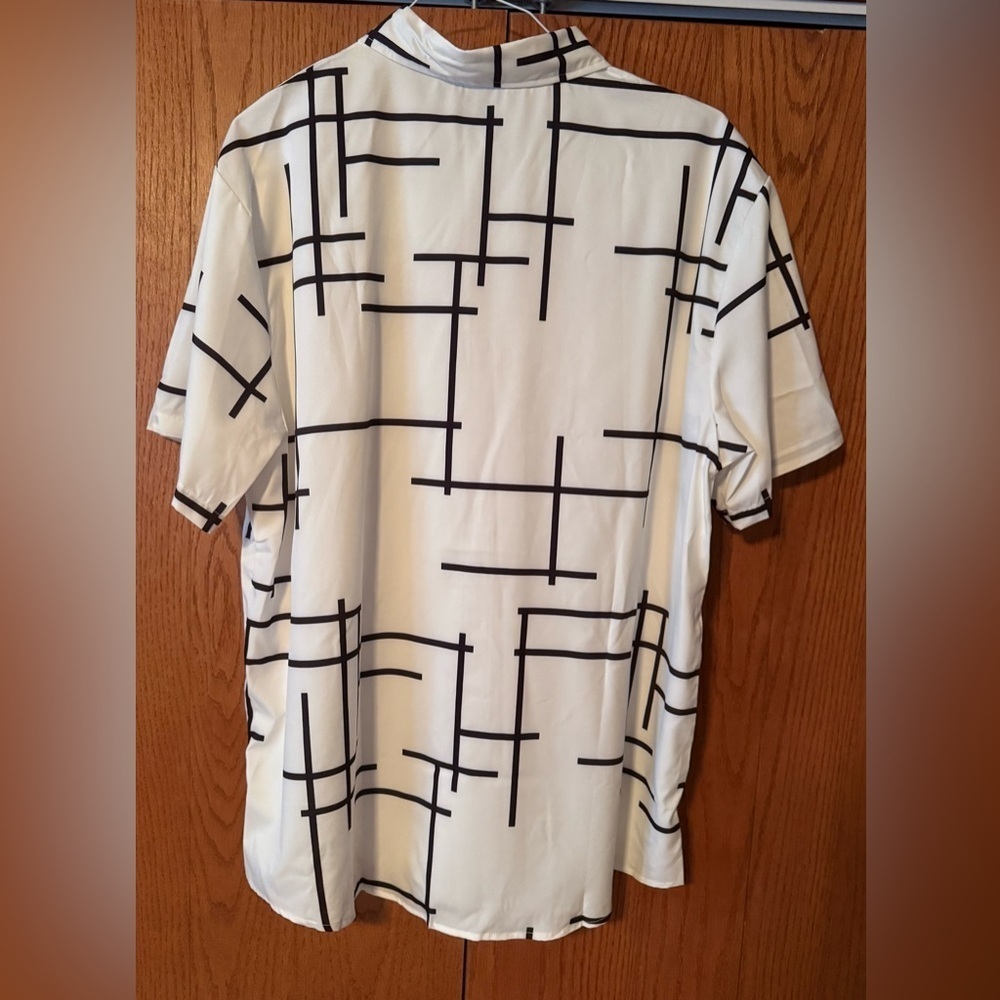 Men's Fashionable White and Black Geometric Casual Dress Shirt XXXL Polyester - Picture 6 of 9